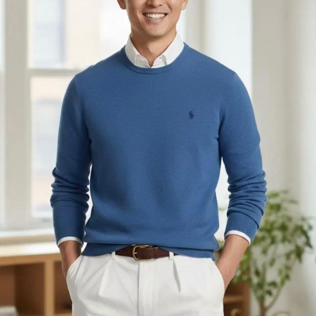 22年製✨ポロラルフローレン 同色ポニー ウールクルーネックニット ブルー XL