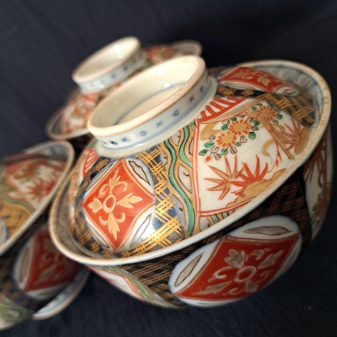 「蓋茶碗の色絵とフォルムを楽しむ！」 古伊万里茶碗(直径11.5cm)3客セット