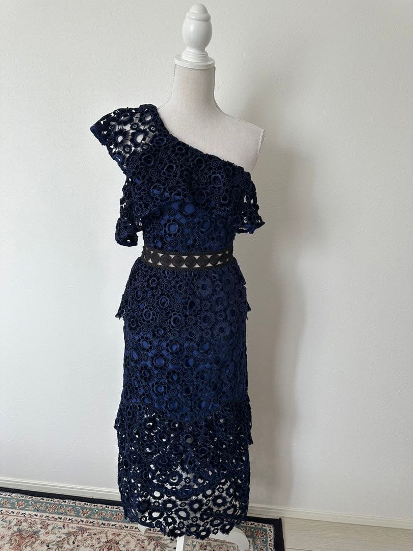 self−portrait ネイビー フラワーレース アシンメトリー ワンピース