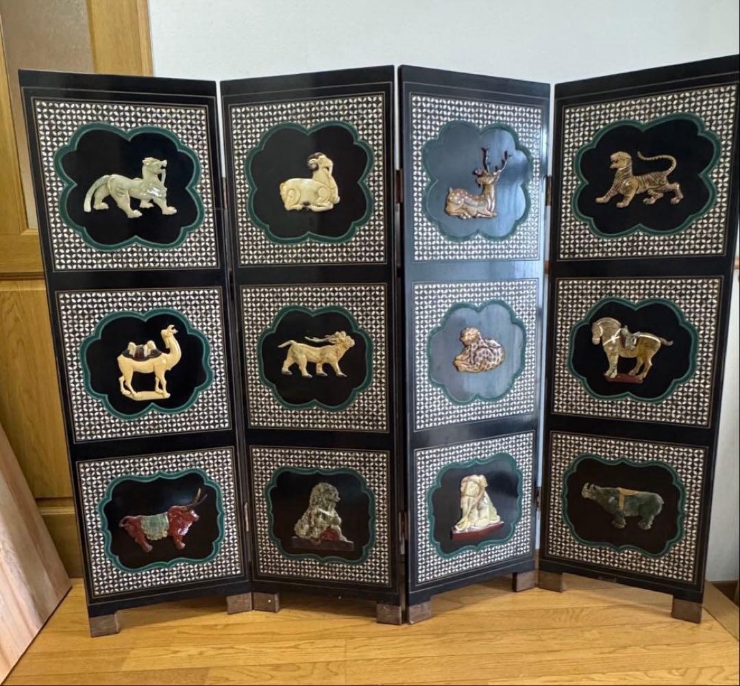 中国骨董　螺鈿細工　四曲屏風　衝立　アンティーク