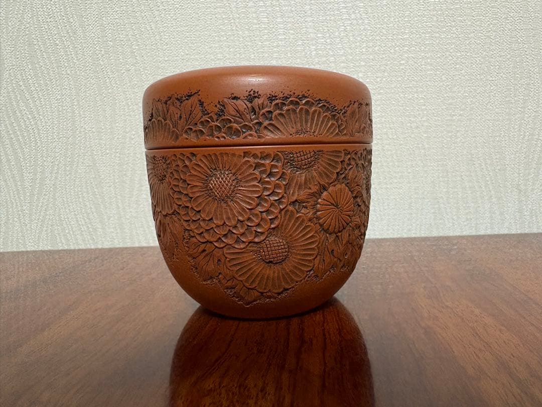 常滑焼_陶元作_菊柄彫刻の棗
