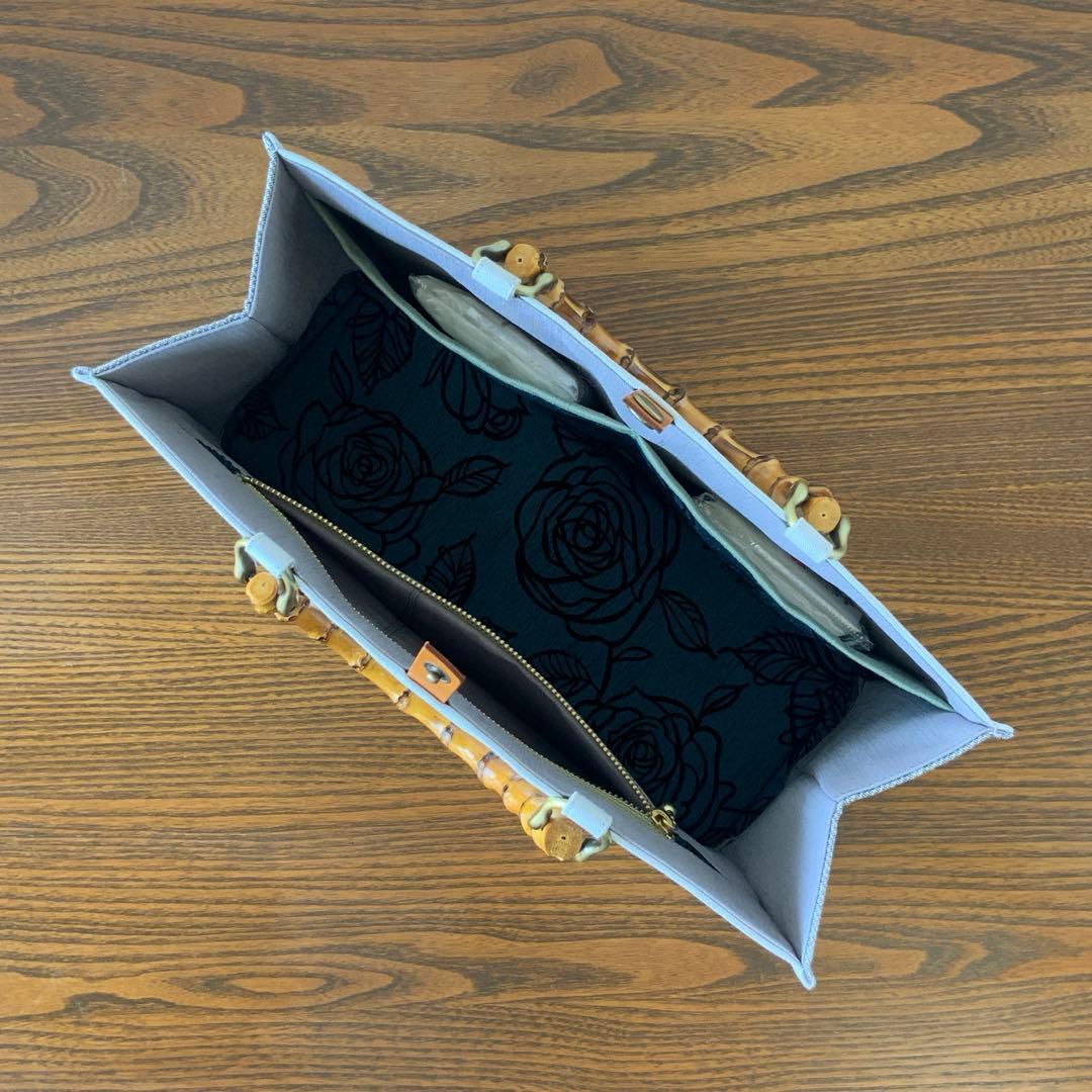 帯　猫と蝶々　リメイク　バンブーハンドルバッグ　浅型マチ広め