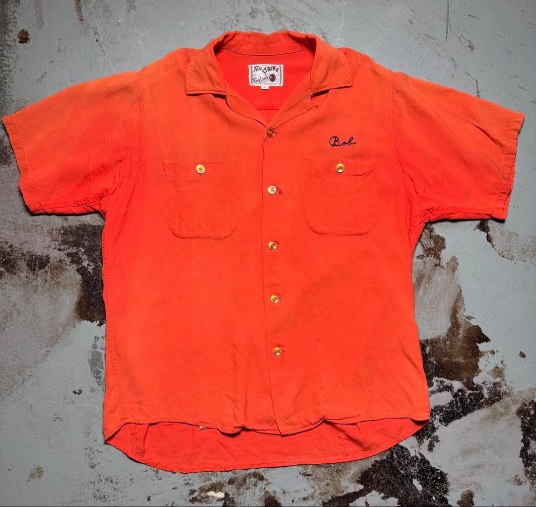 50s ボーリングシャツ レーヨン フロッキープリント フェード 開襟