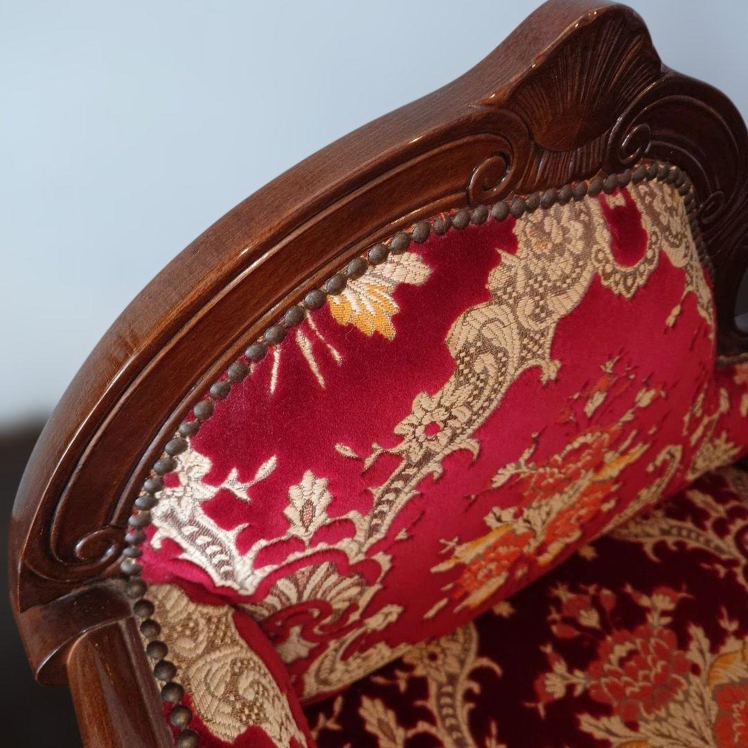 イタリア製　金華山織り　Rosso　テレフォンベンチ　猫脚　クラシックスタイル