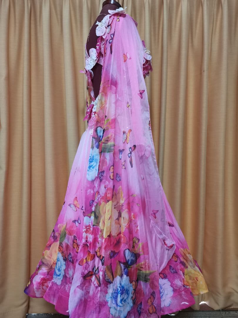 TY社交ダンス スタンダードドレス デモ競技 M　ピンク花柄　豪華