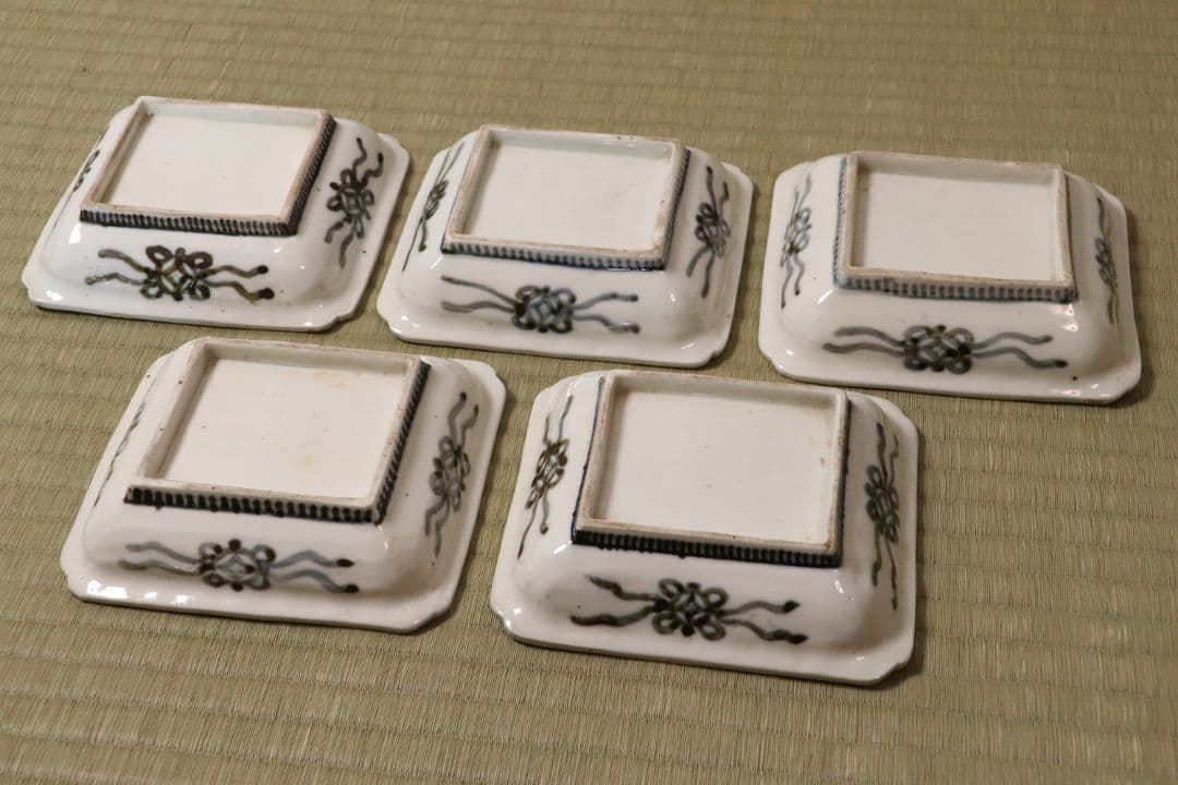 古伊万里 美人図 色絵 角皿 刺身皿 五客 人物 桜 小紋 明治期【MA424】