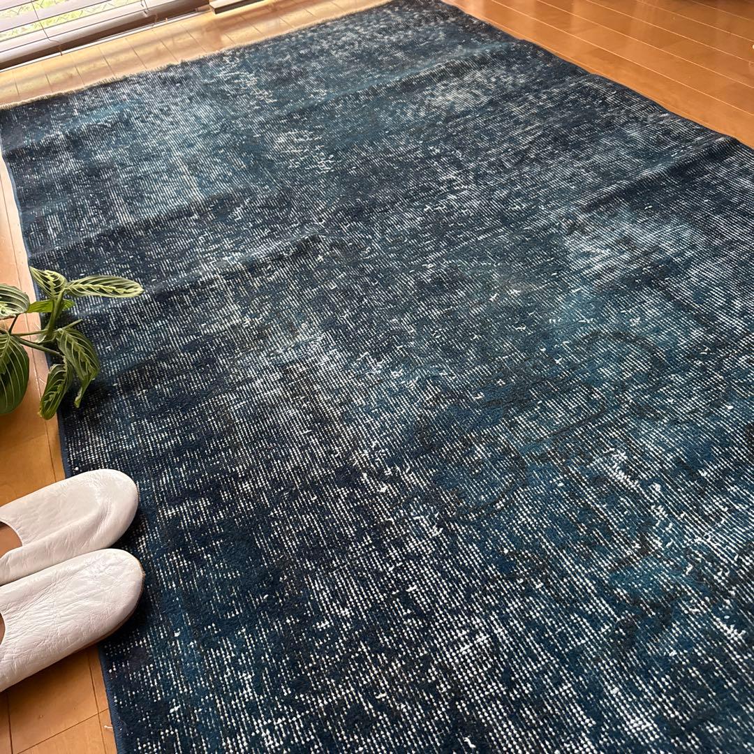 110×191ネイビーインディゴブルー　オーバーダイ　トルコヴィンテージラグ