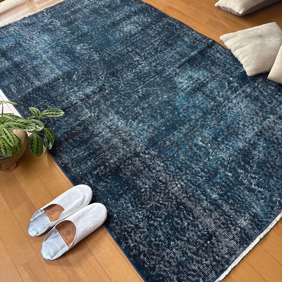 110×191ネイビーインディゴブルー　オーバーダイ　トルコヴィンテージラグ