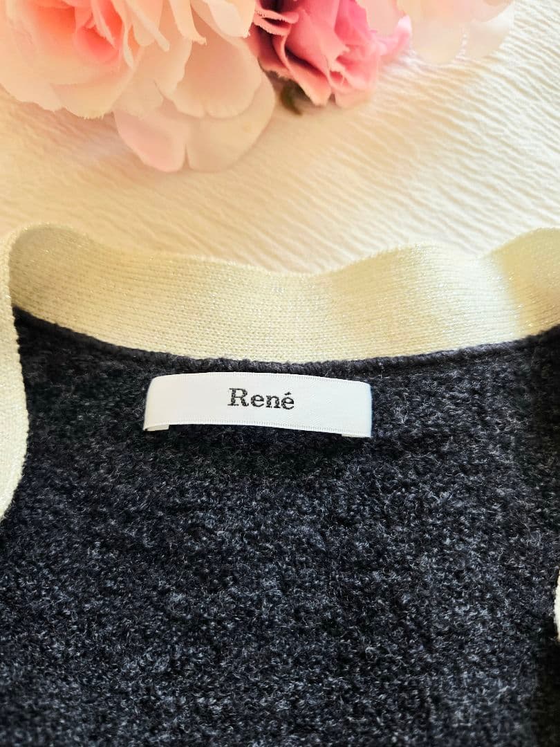 ルネ　リボン　パール　カーディガン　34 グレー