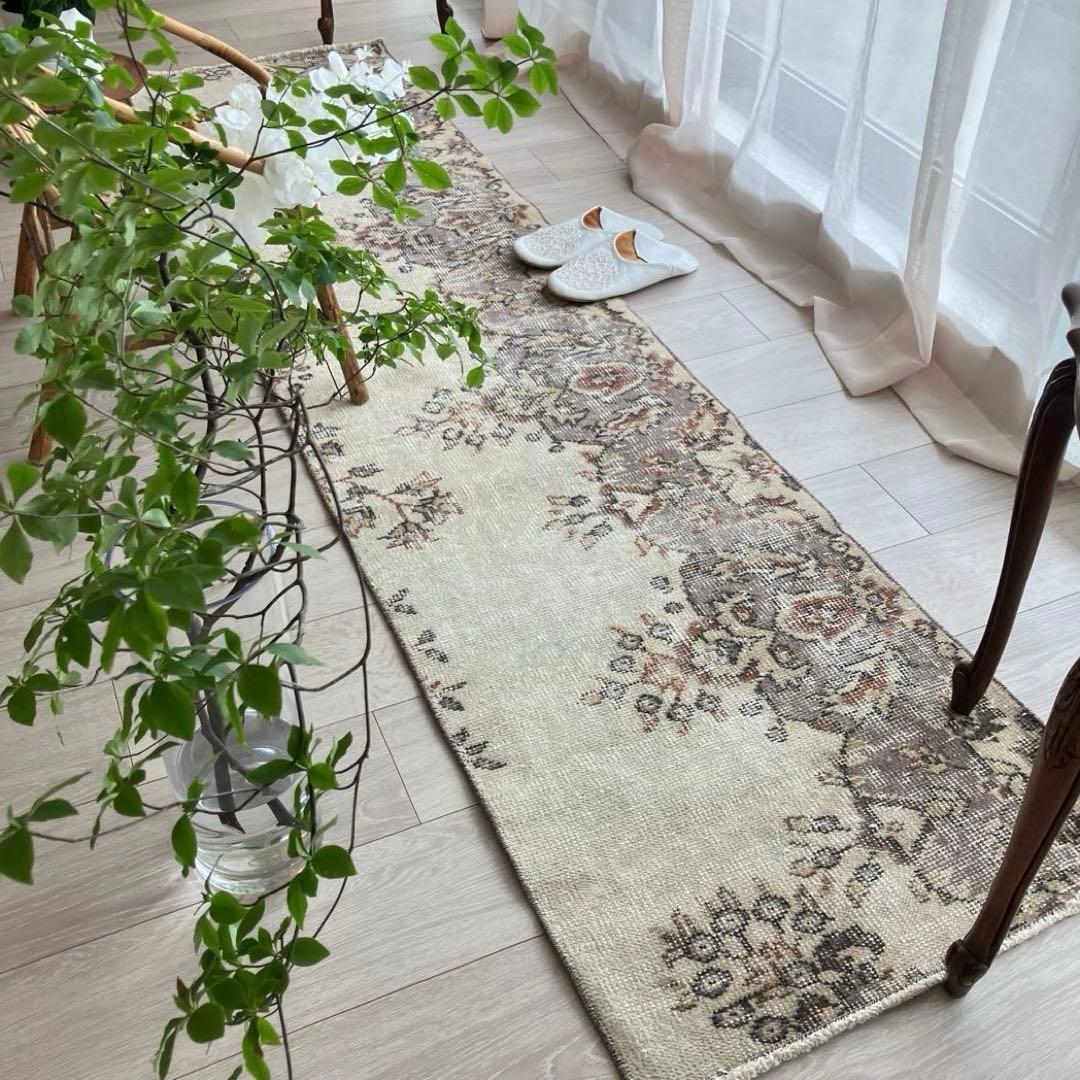 カフェオレベージュ54×220ブラウン　超ロングランナー　トルコヴィンテージラグ