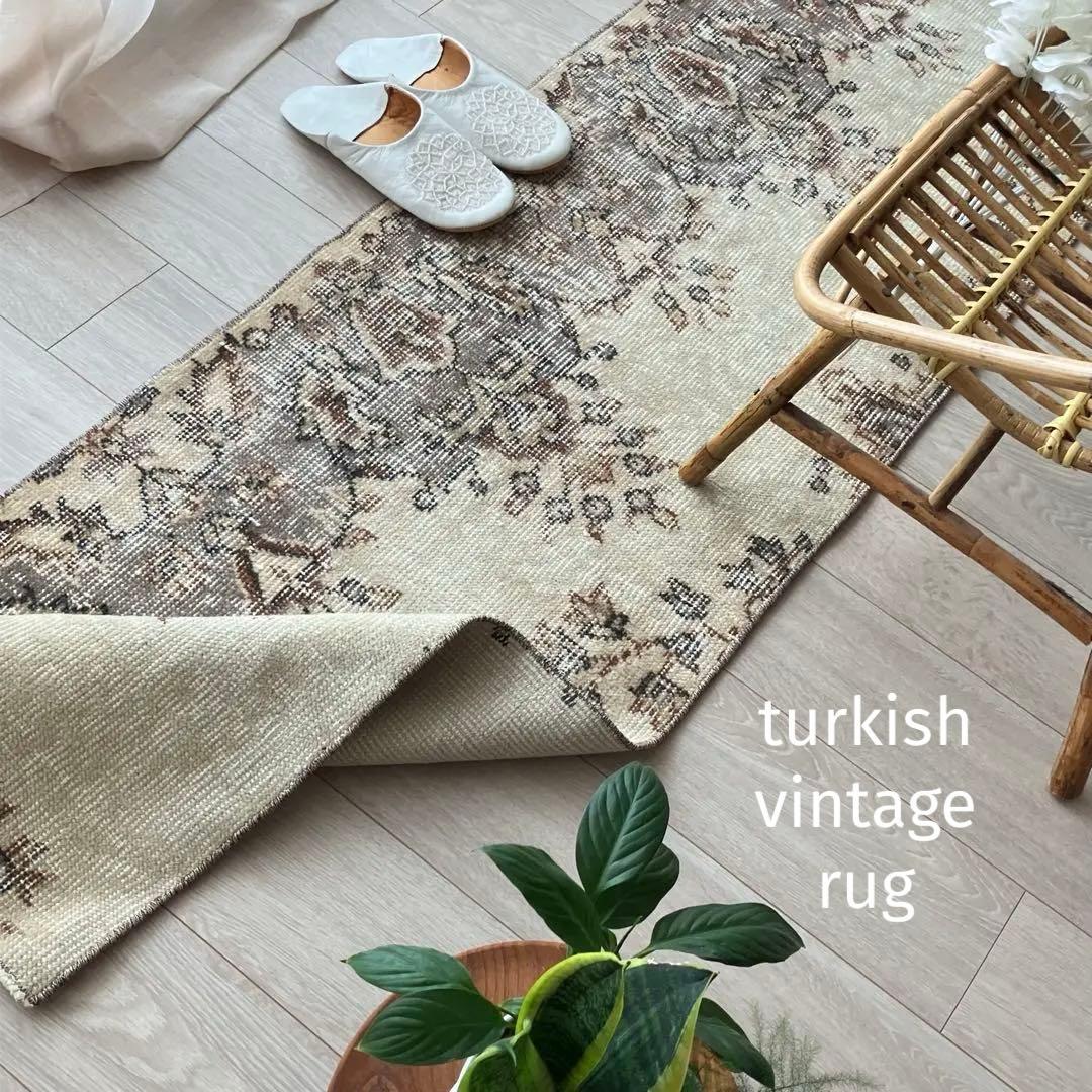 カフェオレベージュ54×220ブラウン　超ロングランナー　トルコヴィンテージラグ