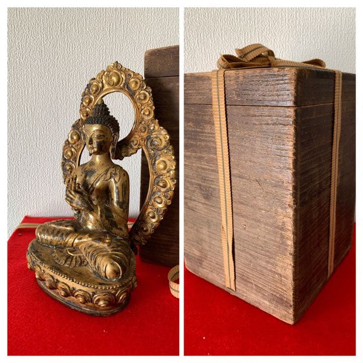 仏教美術 釈迦牟尼仏　鍍金仏　古銅　座像，東洋彫刻 木箱 XG3-10
