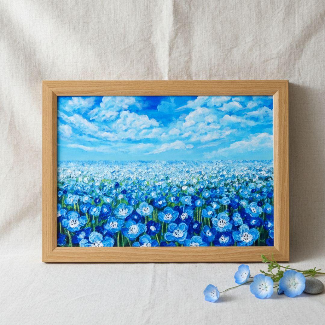 油絵 油彩 油彩画 絵画 絵【空と雲のネモフィラ】