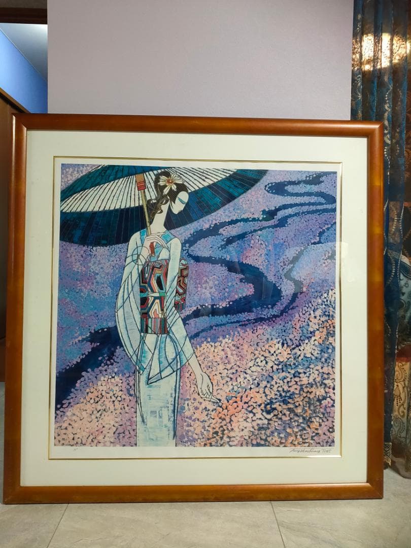 送料込【真作】　丁紹光　ティン・シャオカン　「春の雨」　シルクS　直筆サイン