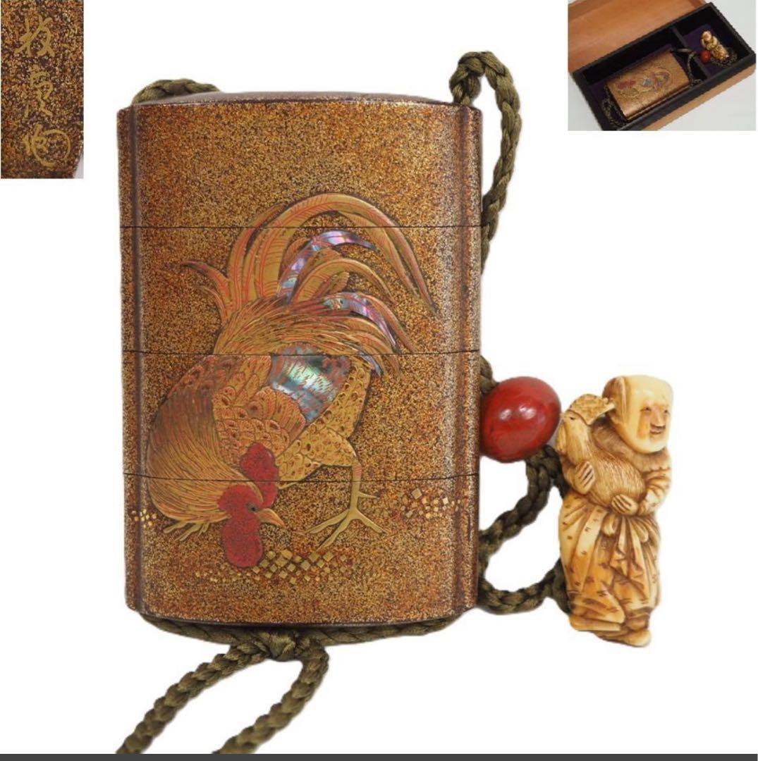 送料無料　江戸時代　極上品（在銘）本金梨子地螺鈿蒔絵 鶏図印籠 人物根付 木箱付