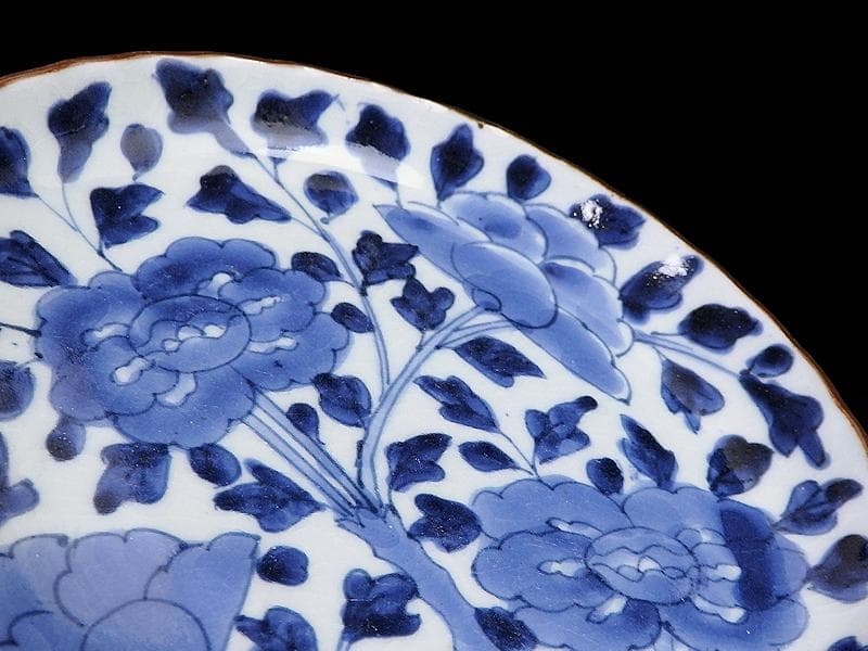 古伊万里　染付　牡丹に牡丹唐草の図　６寸皿　江戸期　F173AS-fbqu