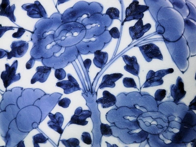 古伊万里　染付　牡丹に牡丹唐草の図　６寸皿　江戸期　F173AS-fbqu