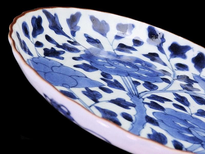 古伊万里　染付　牡丹に牡丹唐草の図　６寸皿　江戸期　F173AS-fbqu