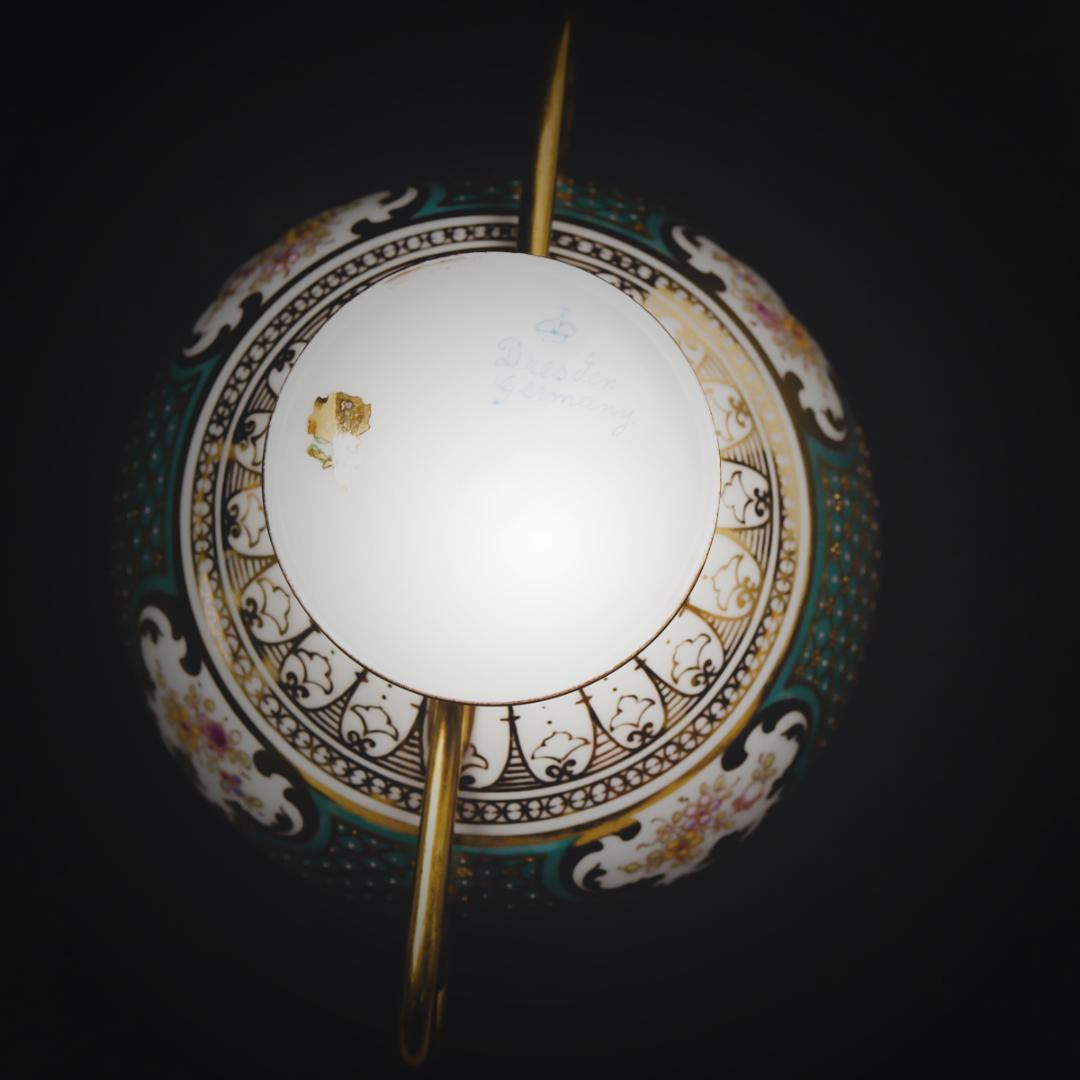 ドレスデン磁器 ドナー工房 モノグラム＆ターコイズ ブイヨンカップ＆ソーサー