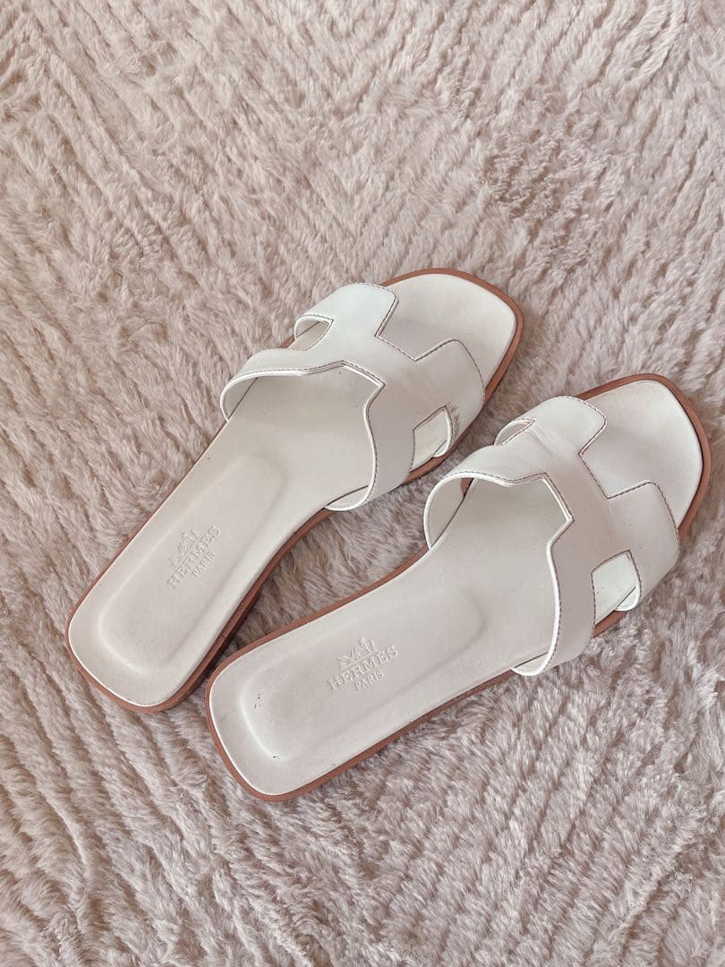 ホワイト レザー フラットサンダル 37