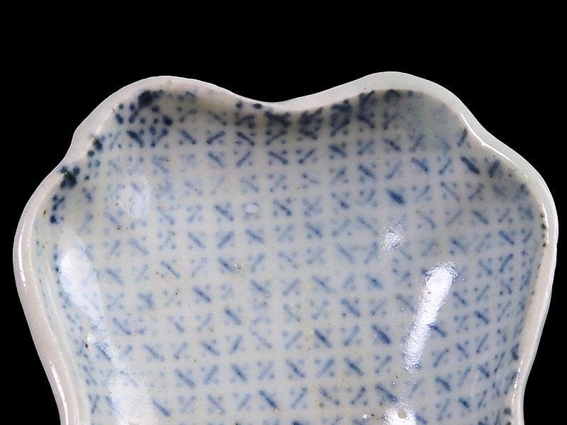 古伊万里　染付　型刷印判　幾何学文様の図　変形皿　E578 AS-CWh