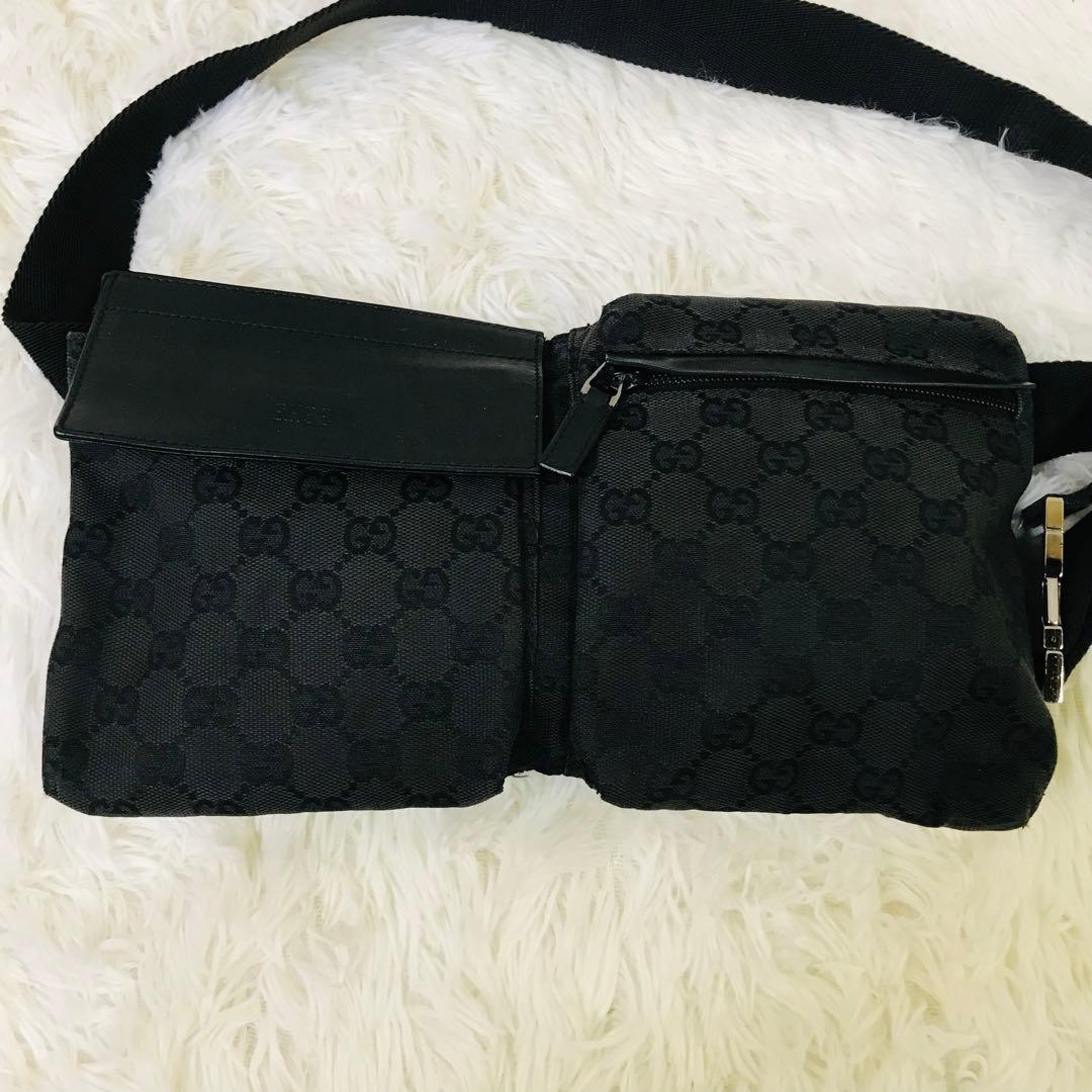 【美品】グッチ ウエストポーチ GG柄 キャンバス ブラック ウエストポーチ