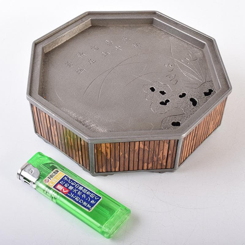 中国　古銅　漢詩花刻　斑竹細工　八角香炉　在銘　U　R7587