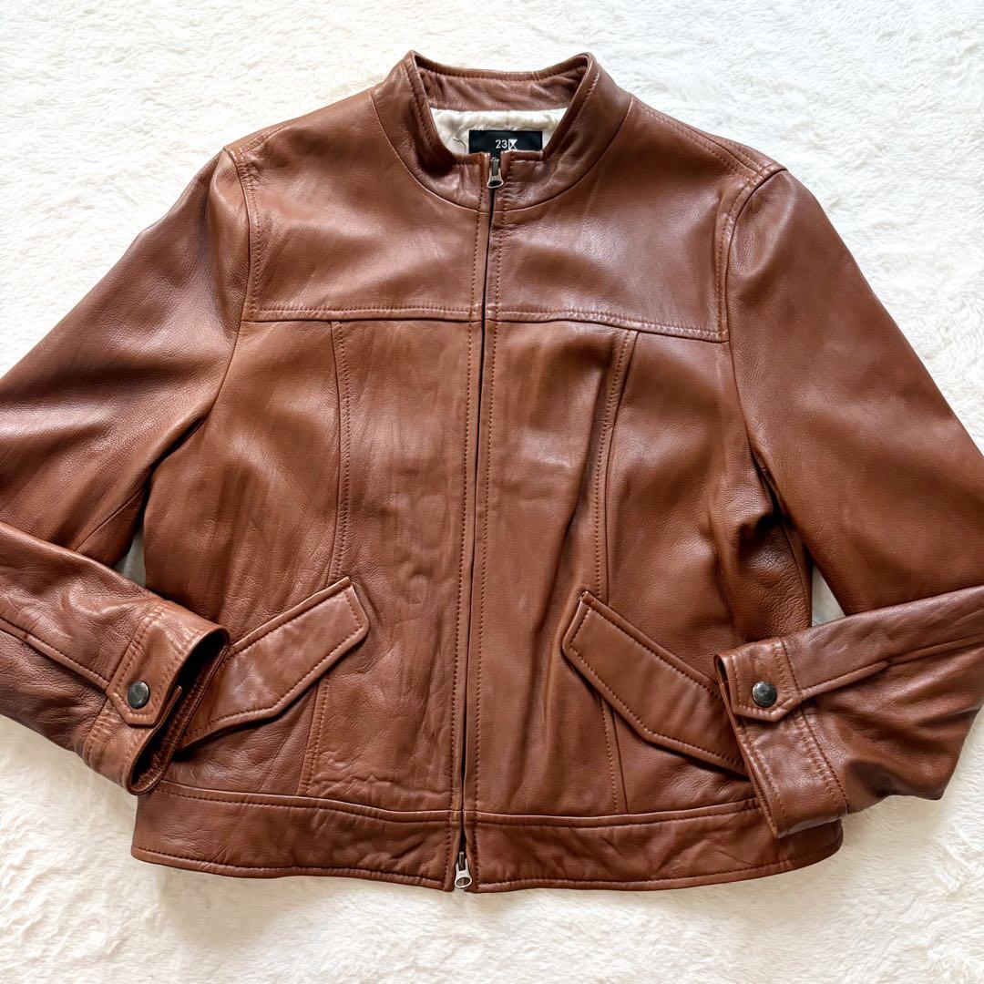 美品　23区 レザージャケット　ノーカラー　本革　羊革　ブラウン　48 4XL
