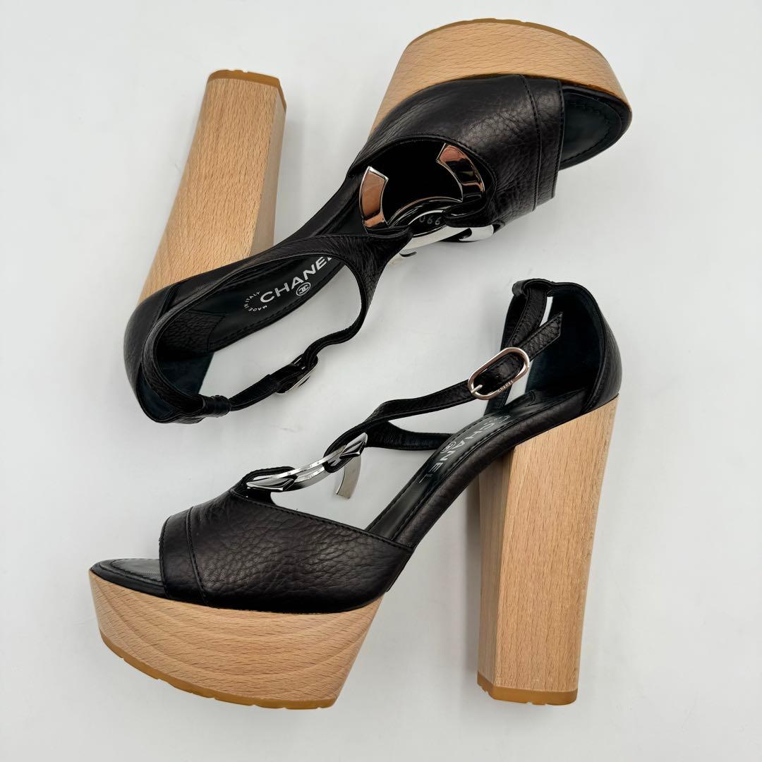 CHANEL サンダル　ココマーク　ブラック　レザー　ウッド　サイズ34 1/2