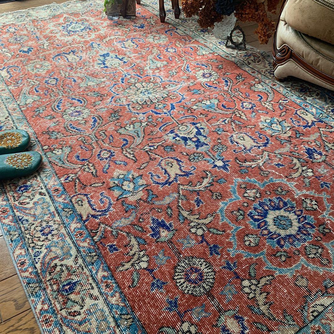 超大判　トルコヴィンテージラグ　234× 132 テラコッタオレンジ　ボタニカル