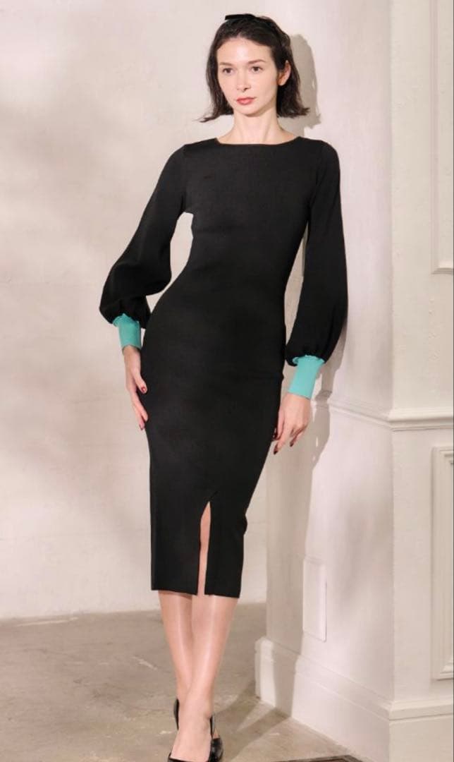 【JENNE】配色カフスニットワンピース　S