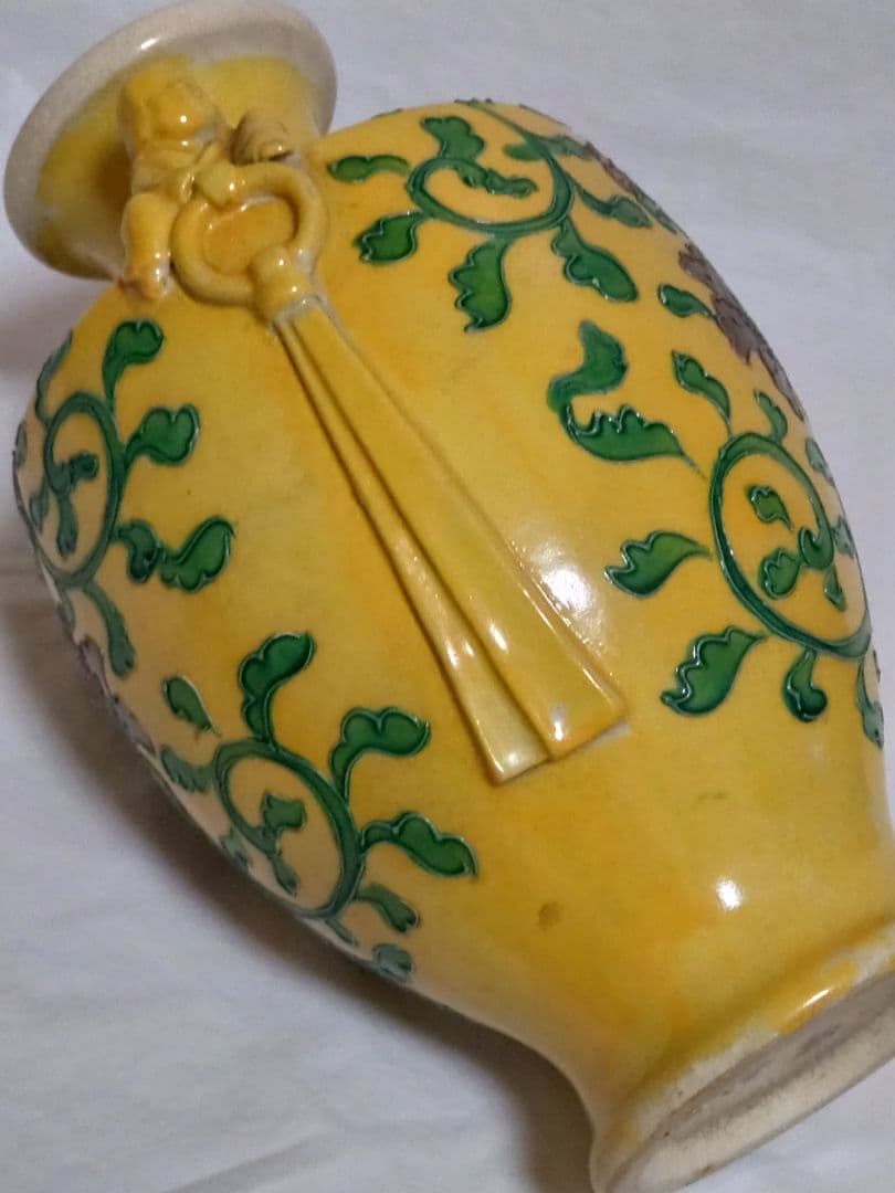 古玩　南紀男山焼　交趾唐草文　花入　古箱入