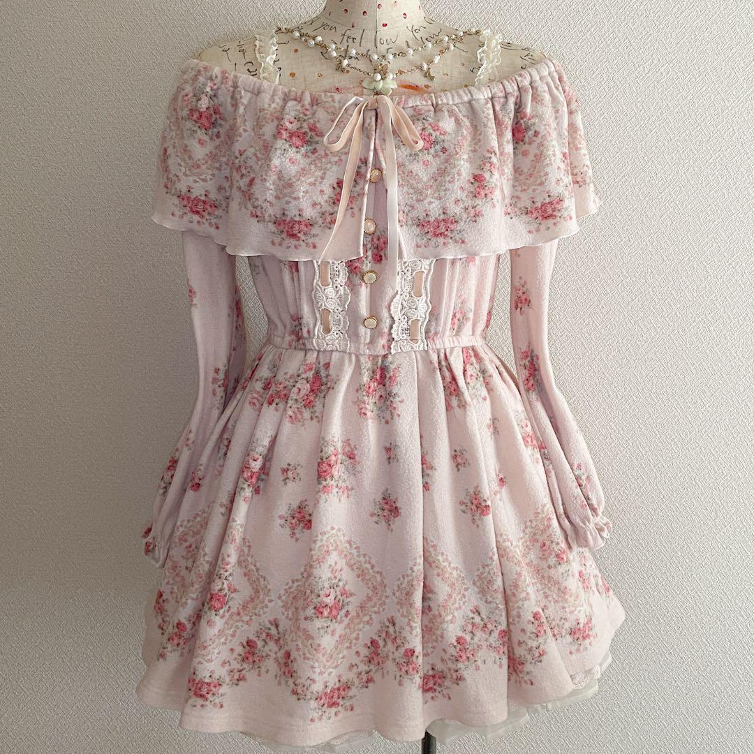 00s 希少 LIZLISA ケープ付き起毛ピンクローズオフショルワンピ 姫ロリ