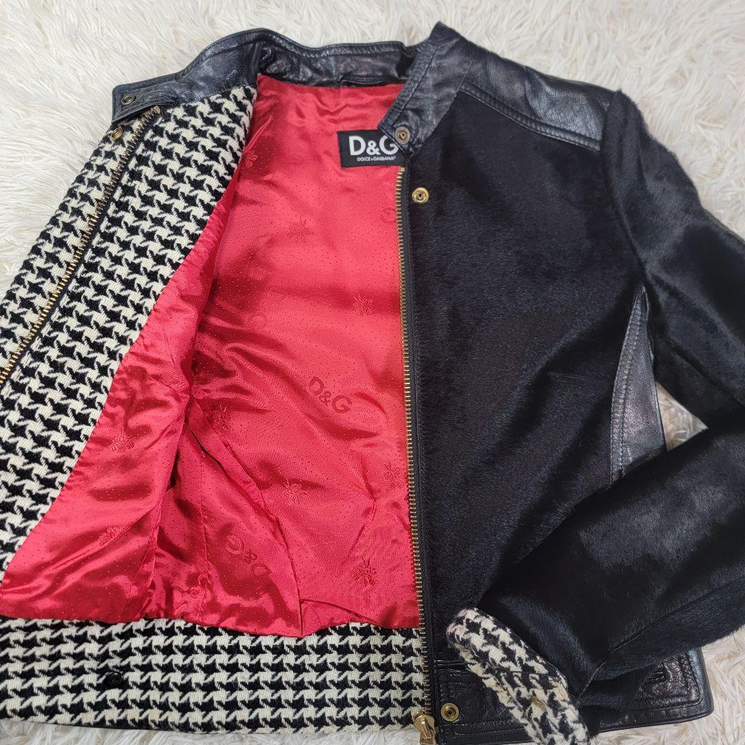 美品 DOLCE&GABBANA シングルライダース ハラコ 千鳥格子 ロゴ総柄