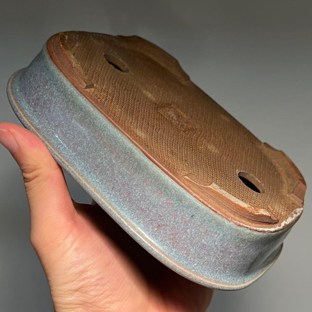 831.虹泉 紫釉抚角段足長方 盆栽鉢 植木鉢 16.8*13.3*4cm