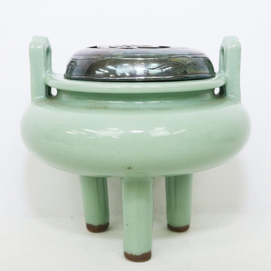 初代 諏訪蘇山 作 青磁 立耳 香炉 共箱 共布　鳳凰透火舎　帝室技芸員