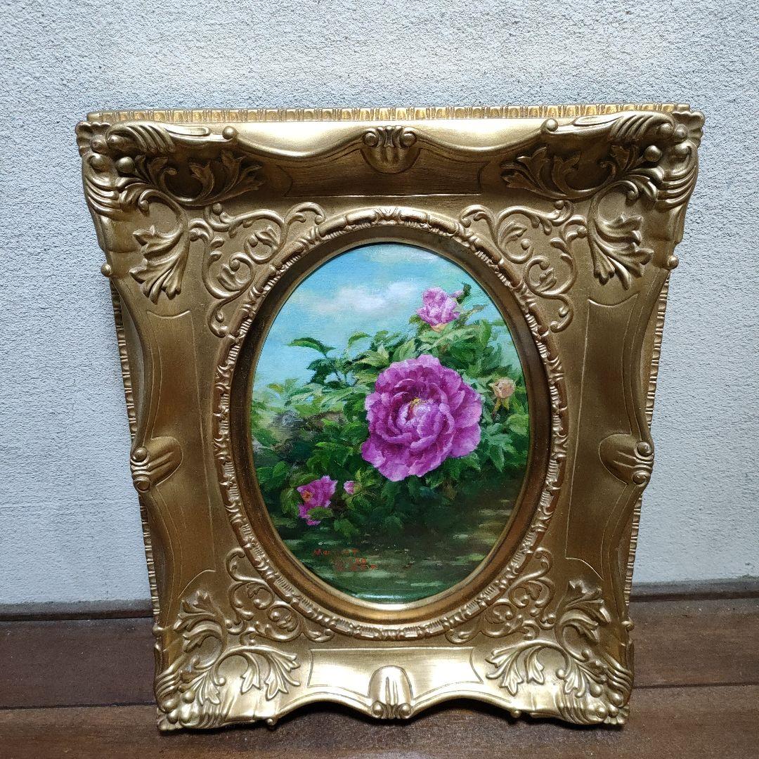 真作油絵 一水会準会員 豊田満春「牡丹」F3号 豪華額装 華やかで品格のある一品