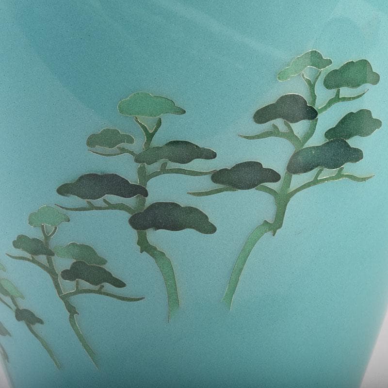 七宝焼　青釉　富士松文　花瓶　唐木台付　共箱　M　R9509