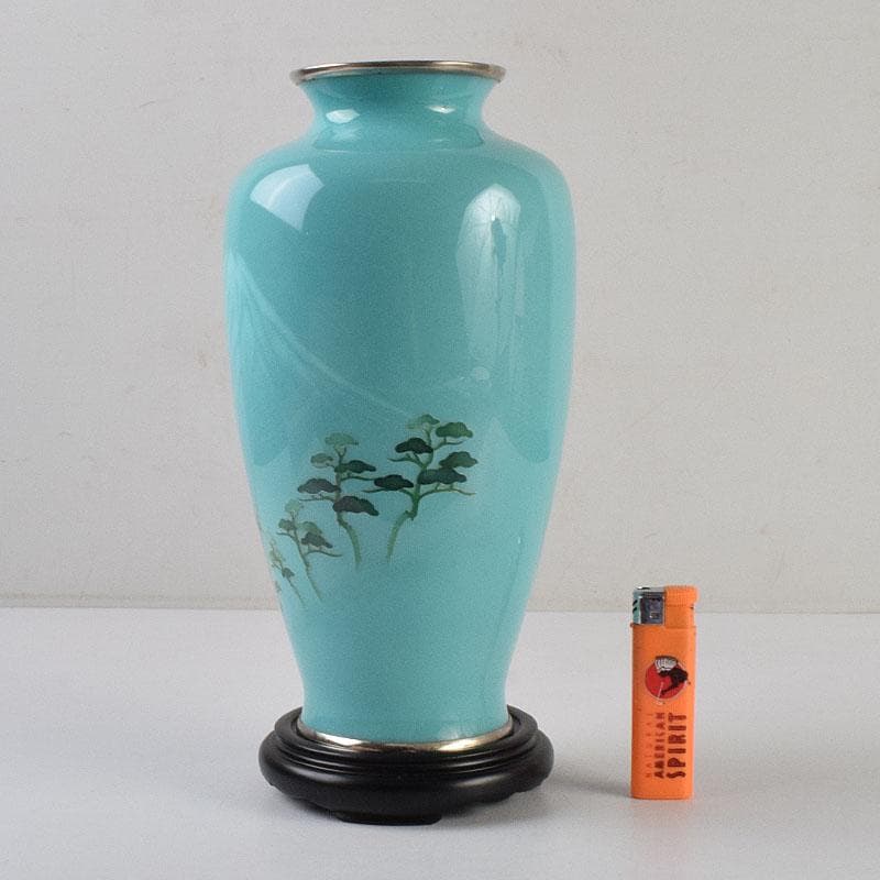 七宝焼　青釉　富士松文　花瓶　唐木台付　共箱　M　R9509