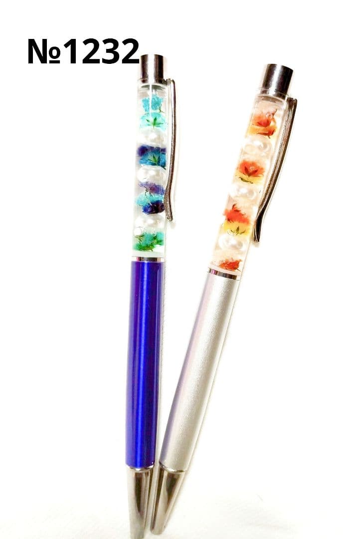 ボールペン　ハーバリウム　かすみ草　着色　青　水色　オレンジ　黄色　2本 セット