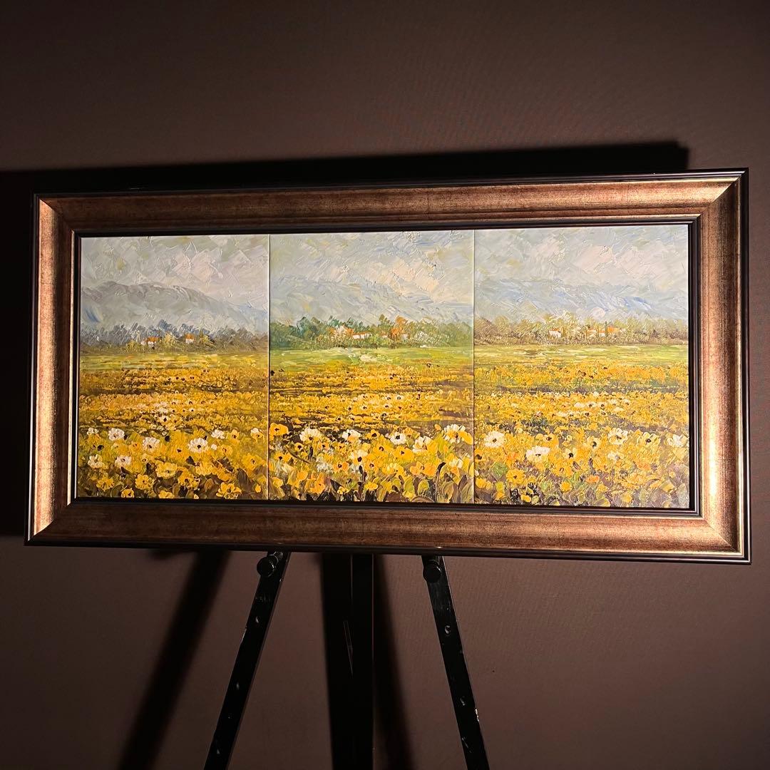 ★大型絵画★ 手書き油絵 ３枚組 朝日と山河 額付 額付き 絵画 油彩画