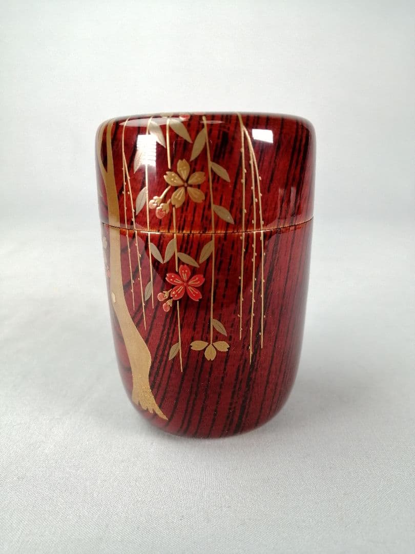 【茶道具】塗師中村宗悦造　欅溜塗枝垂桜蒔絵長棗　茶器　棗293