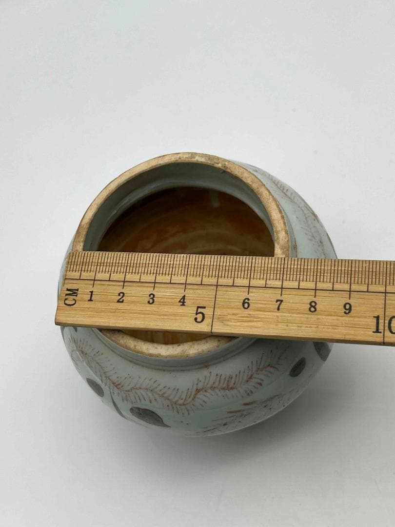 田中 野夫 元時代紅綠彩魚藻紋荷葉型小壺蓋付き茶道具お茶入れ(D-74)