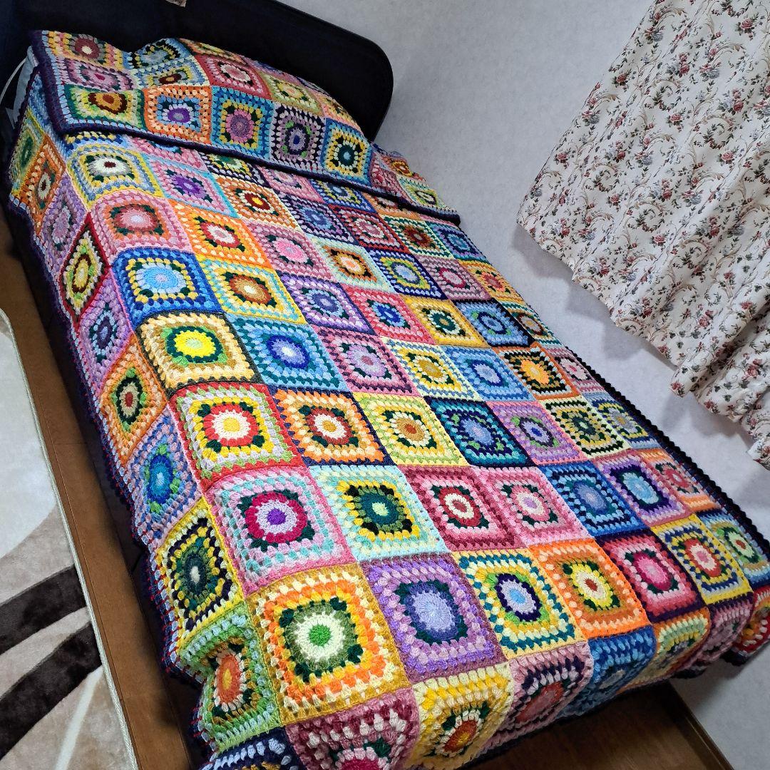 (145)カラフルなグラニースクエアベッドカバー&ストール★セットで