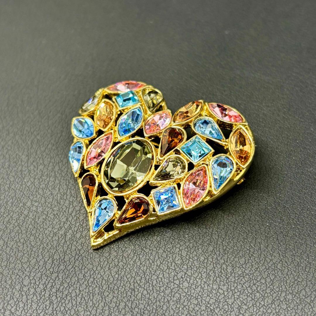 【希少】【美品】【イヴ・サンローラン】ハート カラーストーン ビジュー ブローチ