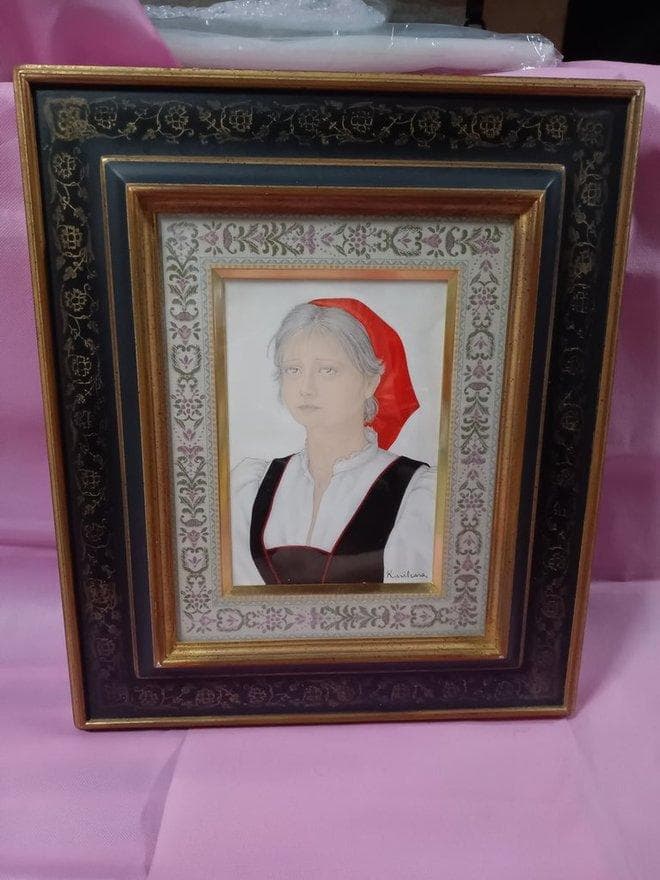 油彩画　栗原喜依子作「少女」　額付　SM　サイン有　真作保証　松坂屋シール有