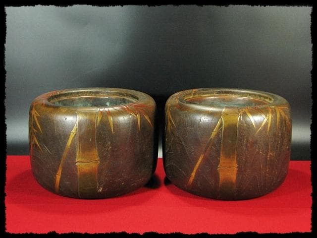 金蒔絵 桐丸 火鉢 一対 竹鳥文 スズメ 囲炉裏 茶道具 e59
