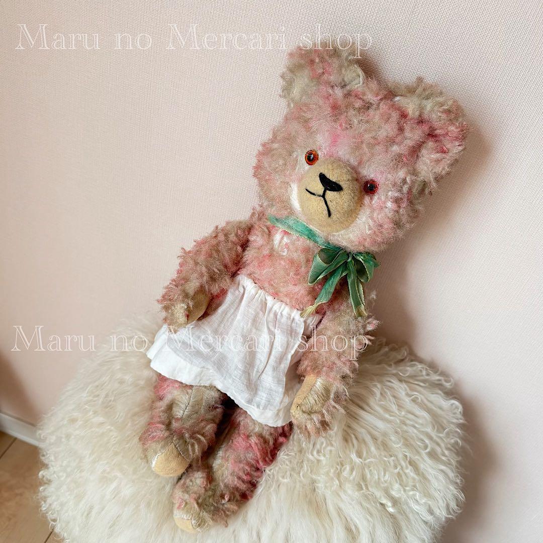 アンティーク　ドイツ　ピンクのベア　グリーンリボン　アンティークベア