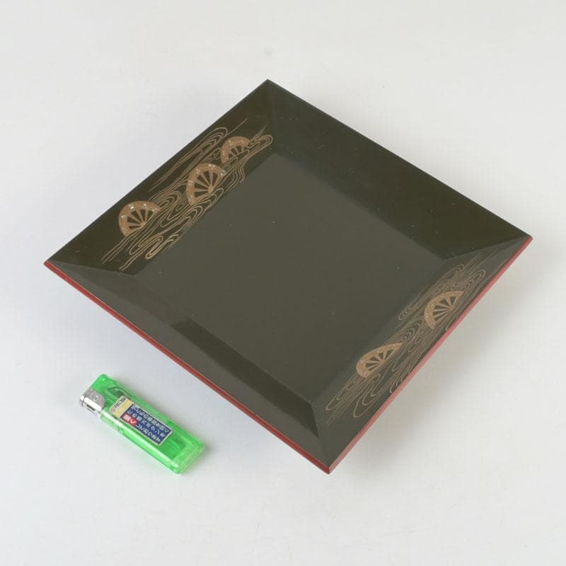 和食器　茶懐石　山中塗　辻石斎作　螺鈿装飾　片輪蒔絵　四方盆　共箱　N　9855