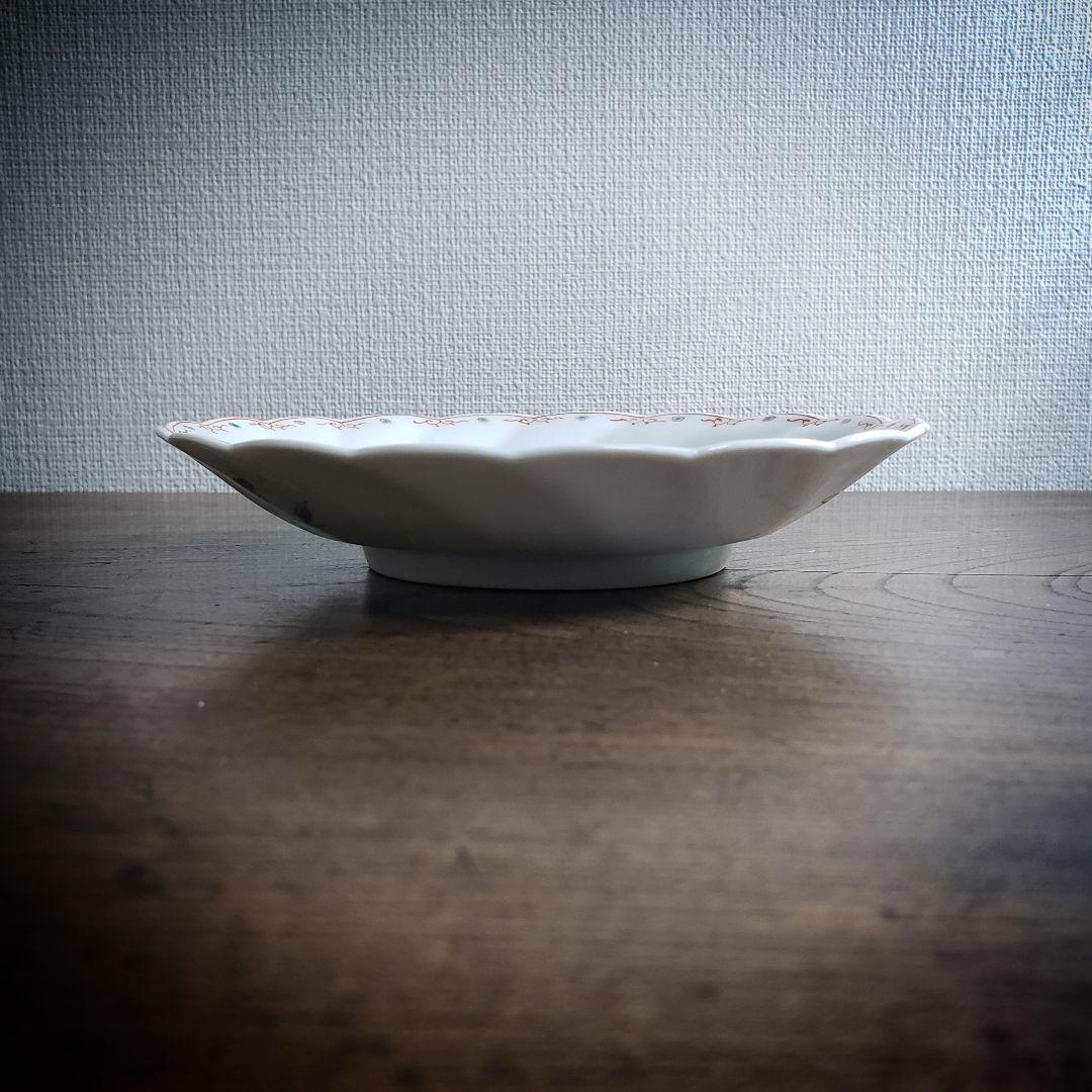 色絵付　皿　鳳凰　ねじり花弁縁　古伊万里　花文　唐草　銘　窯傷　ハ号